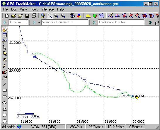 GPS tracks of the outward (blue) and return (green) trips