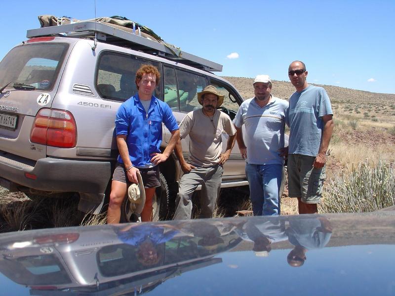 The intrepid explorers: the friendly farmer's son on whose ground the confluence is located, Bryan van der Merwe, myself (LJ du Toit), and my brother Hennie