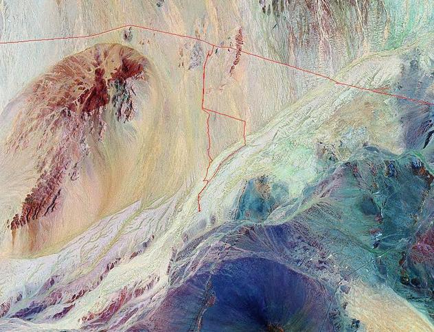 LandSat7 satellite view of the Confluence and our tracks