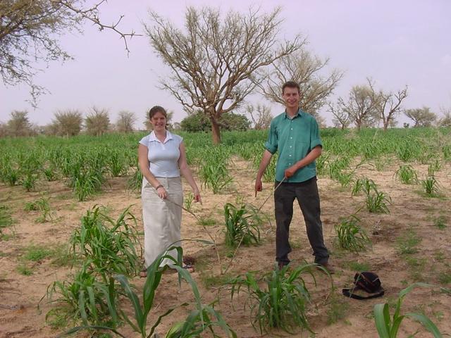 Rachel and Andy indicating the exact spot of the Confluence, taken from the southwest