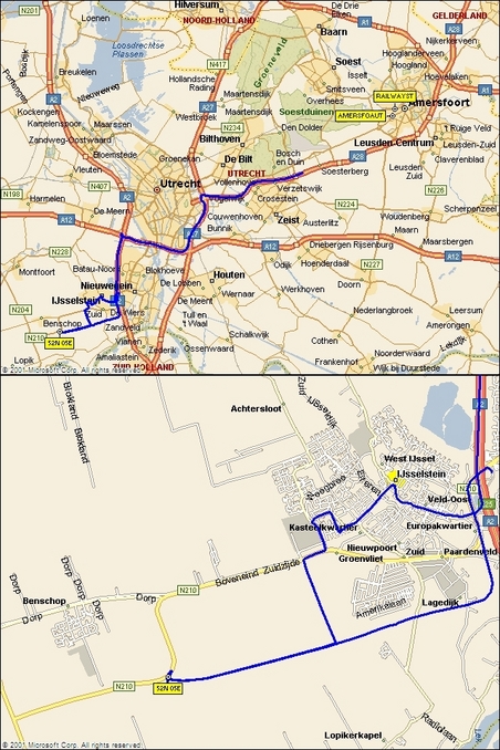 My track on the map	(© Microsoft AutoRoute 2002) - please note that the road N210 must have been rebuilt since 2002 and now it goes as my track shows