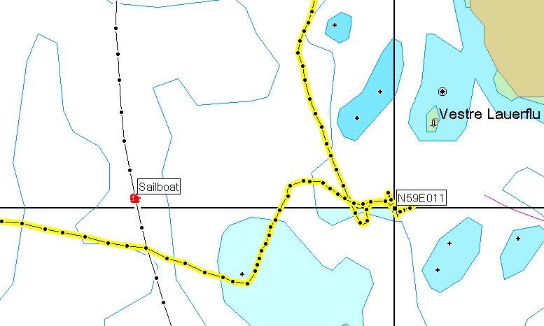 Track log showing how we made several passes over the point before getting an exact match. The black track is where we (as well as the boat in photo #5) passed a few days previously coming back from a sailing tour along the swedish coast.