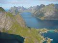 #7: View from the ridge above Reine. The confluence is located in the saddle point above the end of Kjerkfjorden.