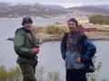 #9: Steinar (left) and Ottar at Skorpa, the closed down postoffice and our tent to the right.