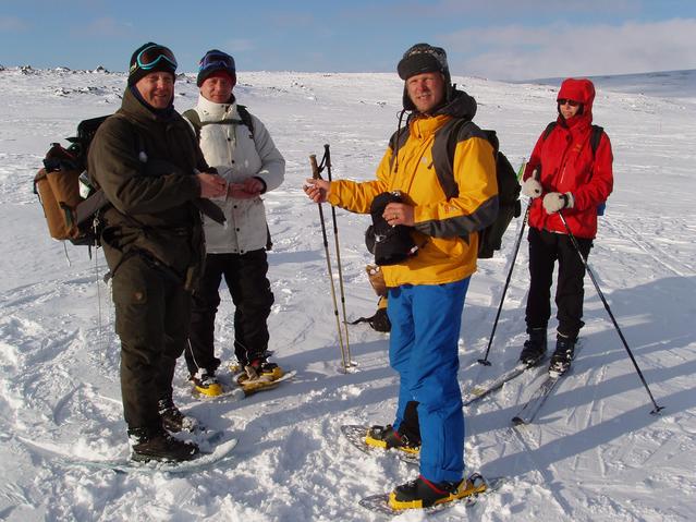 The Finnish ice fishers, Vesa, Harri and Jarkko on Dievajavvre lake close to Geinohyttan. Mari-Helena on skis.