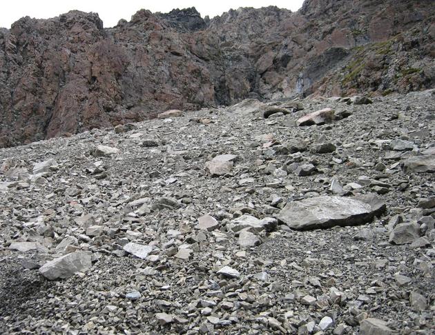 East - Looking up the scree slope to the ridge at about 2000m high.