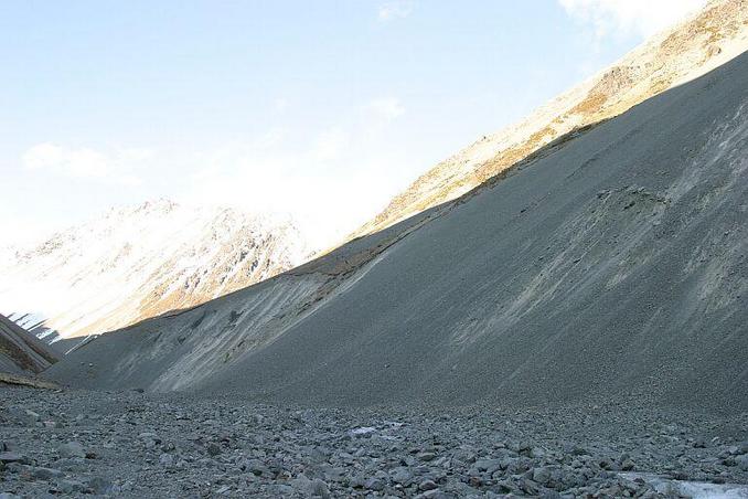 Confluence is up the scree slope on the right