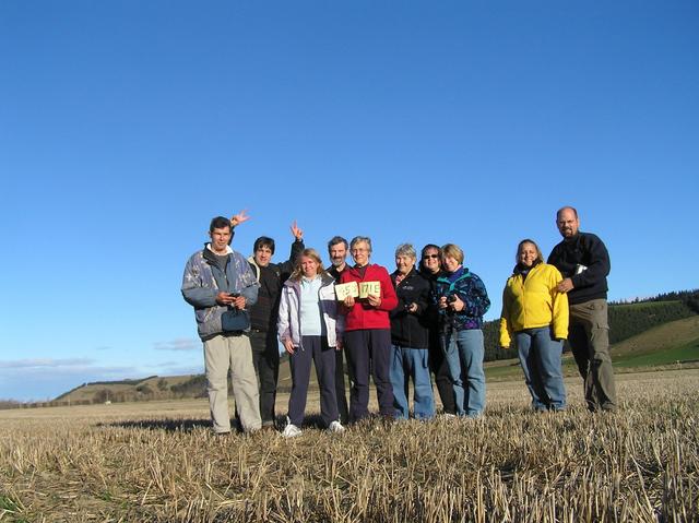 Mike Anderson, Joseph Kerski, Stephanie Eddy, Murray Ellis, Anne Olsen, Dorleen Jenson, Mireya Armesto, Margaret Chernosky, Anita Palmer, and Roger Palmer arrive at the confluence.