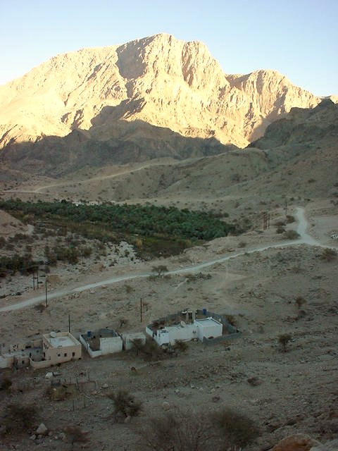 Jabal Thanab with the winding road to the wādiy al-`Arabiyyīn. Also: Date palm groves.