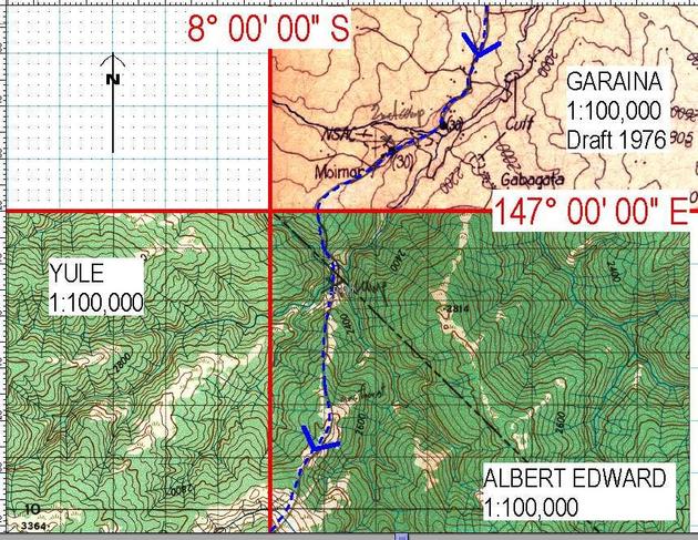 Composite map of the area around the confluence point with our route dotted.