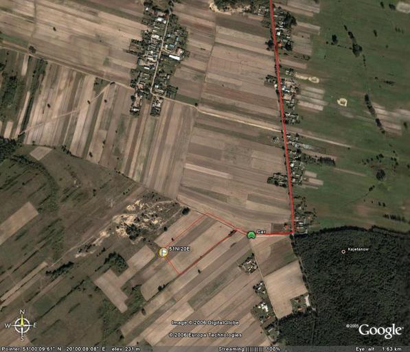 Zdjęcie satelitarne z dojściem do CP od strony wsi Kajetanów. / satellite photo showing approach from Kajetanów village