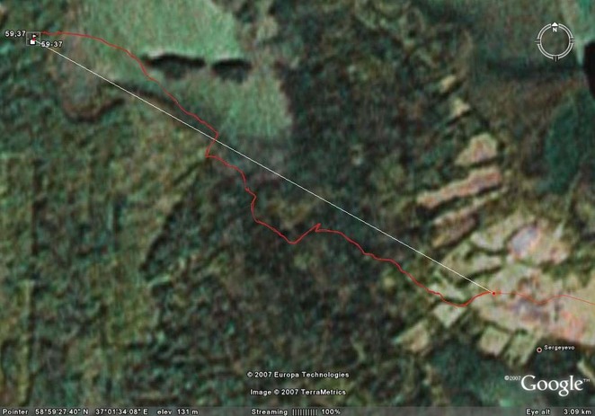 Satellite view. 3 km on the straight line, 3.5 km track