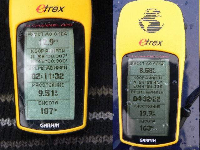 GPS readings on the CP point and on the start point on the bonnet/Показания GPS на точке и на старте, на капоте машины