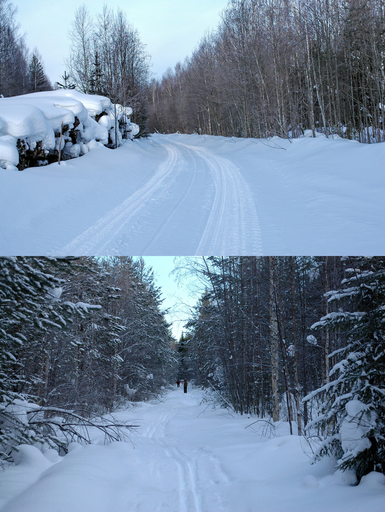 (Up) the road from Bereozovka, (Down) start skiing/Сверху – дорога от Березовки, внизу – начало пути