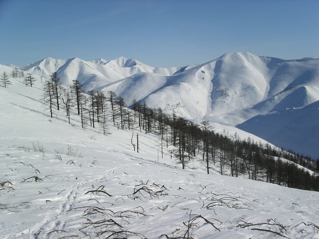 Looking East from the pass - 1367 m and 1303 m peaks - most remote