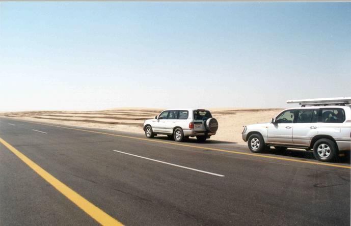 View of the straight road with tarred dunes