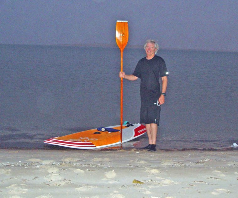 Windsurfing Star-board Start and vintage wooden kayak paddle, looking east towards Confluence and North Hill after sunset following the confluence visit.