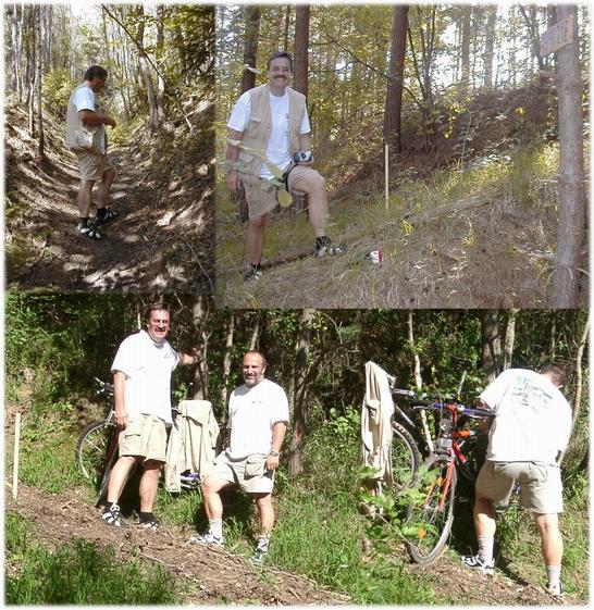 Walking into the forest, CP & Klaus and Hans with Confluence T-shirts