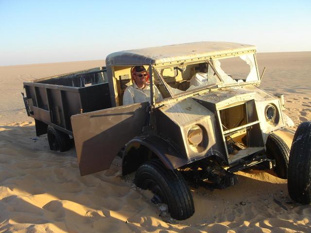 Abandoned WW-II truck on the Salīma sand sheet, notice the sand blasting on its northern side