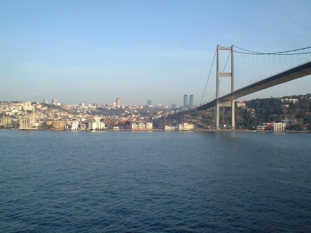 Boğaziçi suspension bridge between Europe and Asia seen towards modern Ortaköy