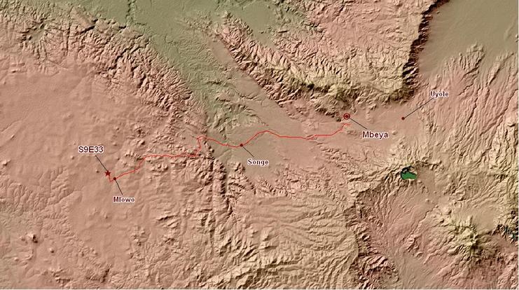 Screen output from MapInfo with Garmin GPS data ontop of 90 meter SRTM Data