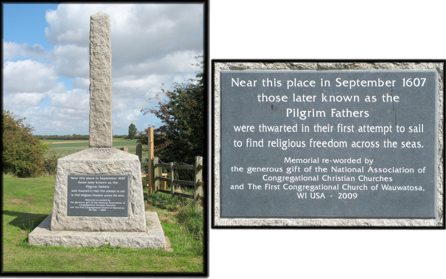 Monument and plaque of the Pilgrim Fathers.
