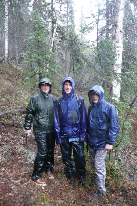 My boys and I--wet and getting cold--at the confluence.