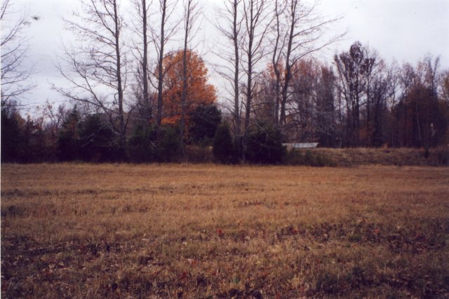 View NNW from confluence.  Roof of building (due north) and earthen dam of pond visible.