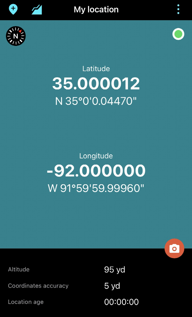 A screenshot of the GPS app, showing all zeros for 92W and extremely close for 35N (as well as altitude of ~87 m and accuracy)