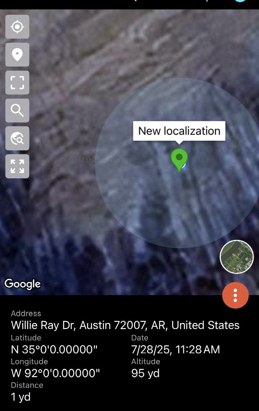 Another screenshot of the GPS app in relation to the set location of the confluence, showing my distance away from the point.
