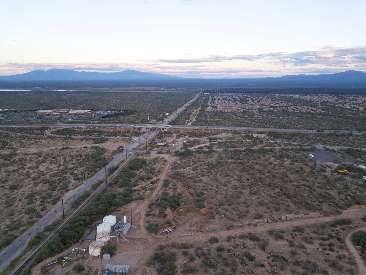  View East (along W. Pima Mine Road, across Interstate 19) from 120 m above the point
