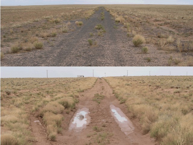 Two dirt roads are passed when approaching from the south.