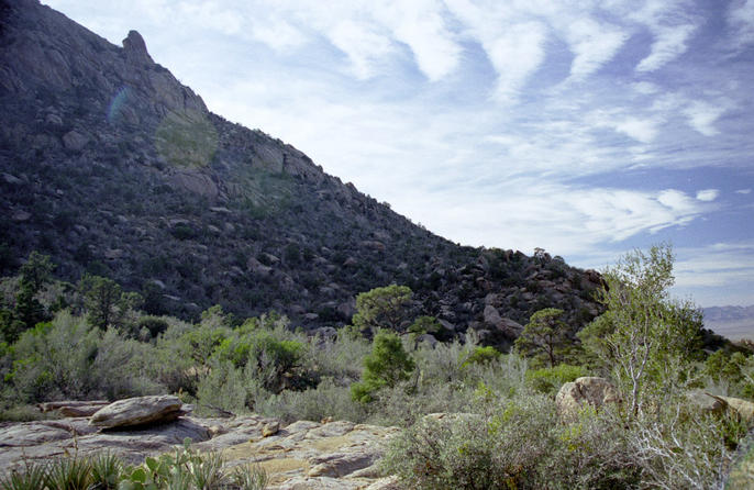 View towards confluence (center of picture) from bottom of canyon