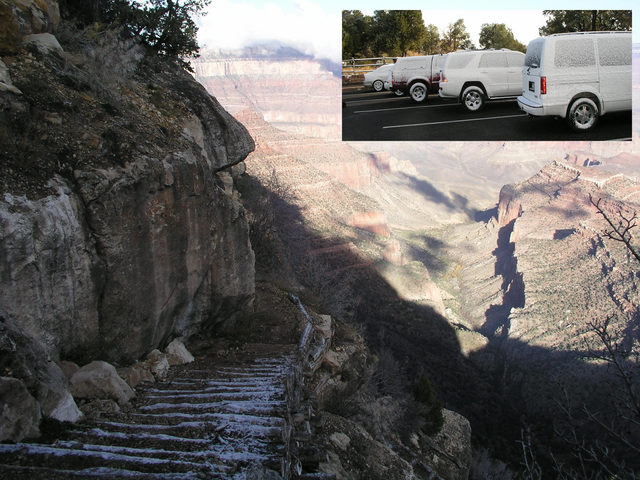 A dusting of snow covered both cars and the upper trail at Grandview Point.