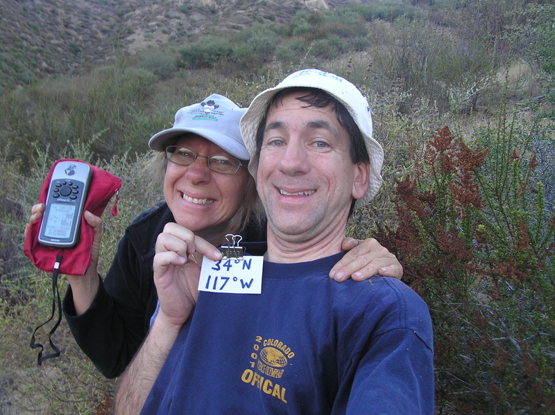 Cathy Lemarr and Joseph Kerski celebrate Centered Bliss at the confluence point.