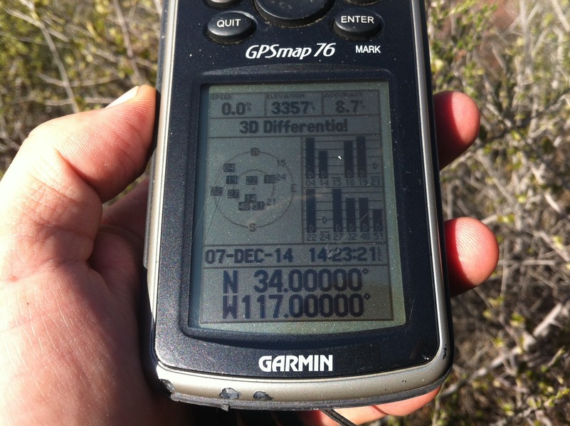 GPS reading at the confluence point.  A rare thing to zero out the unit at this confluence owing to the steep terrain.