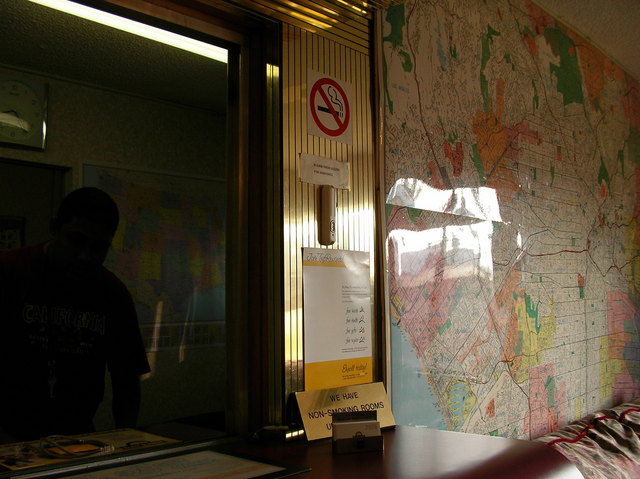 The hotel lobby where the plan for the confluence visit was formed. Note the large map.
