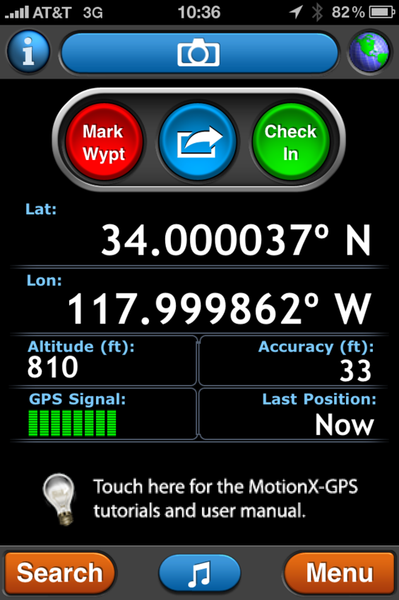 Screen from iPhone at confluence point using Motion X GPS.