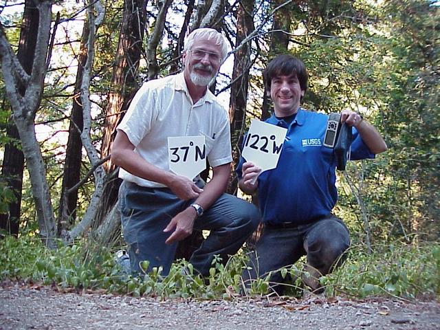 David Litke, left, and Joseph Kerski at the confluence site.