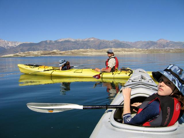 View West with TJ, our guide from Caldera Kayaks and a great view of the Sierra’s. Yosemite National Park is just on the other side of them.