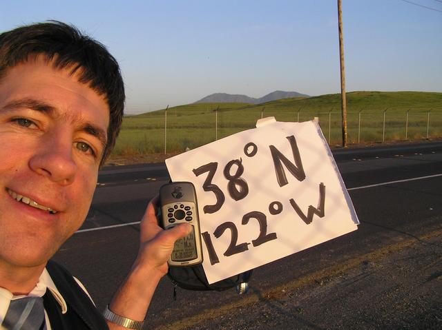 Joseph Kerski at the confluence of 38 North 122 West.