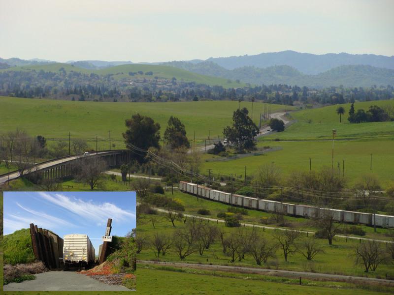 View of 38N 122W area from Highway 4, with inset of a restored rail car in an ammunition bunker.