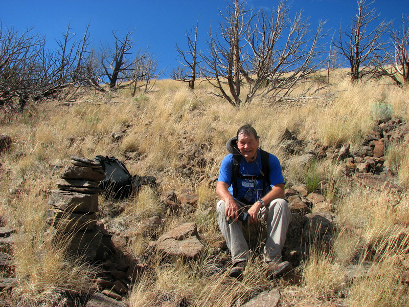 Jack and the cairn at the confluence.