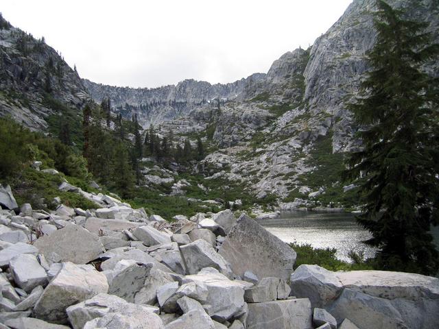 Looking West across South side of Emerald Lake.  Scrambling across these rocks like these will be required