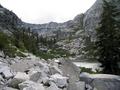 #5: Looking West across South side of Emerald Lake.  Scrambling across these rocks like these will be required