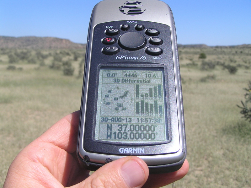 GPS reading at the confluence of 37 North 103 West.