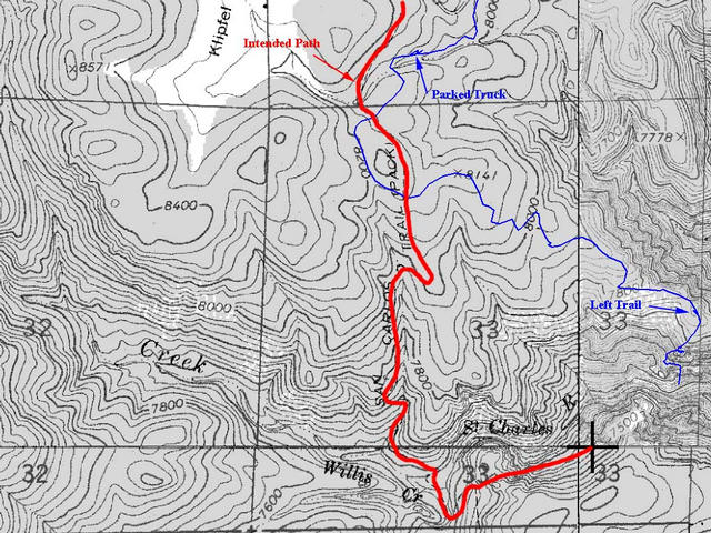 Map of area with intended (red) and actual (blue) routes.