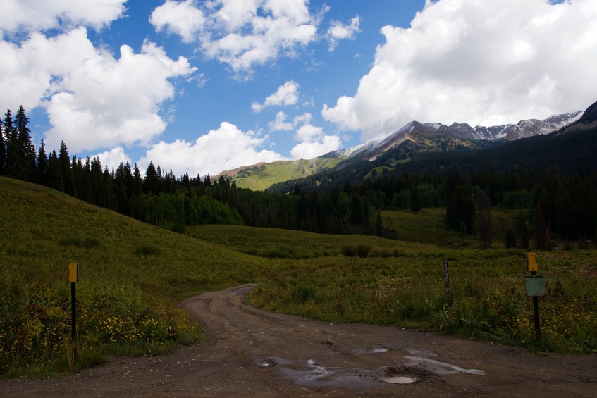 Looking up towards the Degree Confluence Point from Gothic Road, about 1 mile away. (The point is near the center of this photo.)