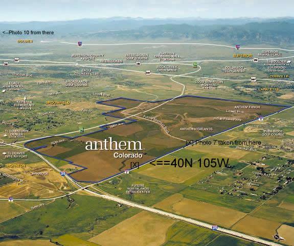 An oblique aerial picture of Anthem Colorado development showing location of 40N 105W
