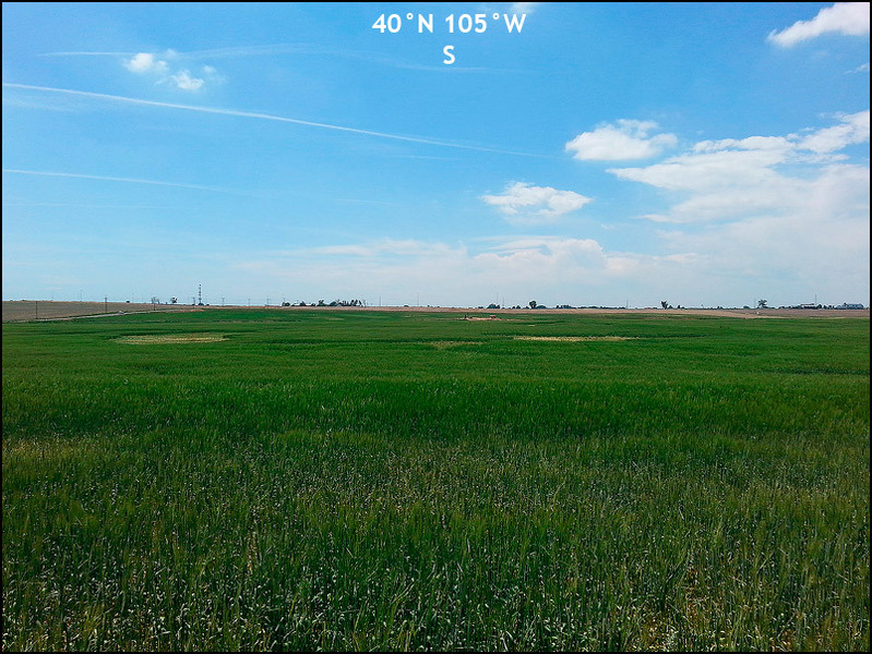 Looking S across hayfield with some oil & gas equipment